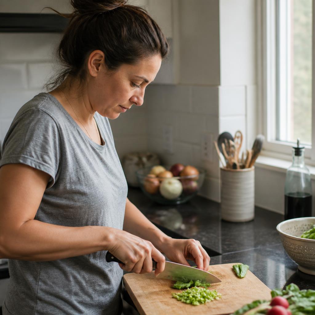 Mom chopping fresh vegetables in a bright kitchen