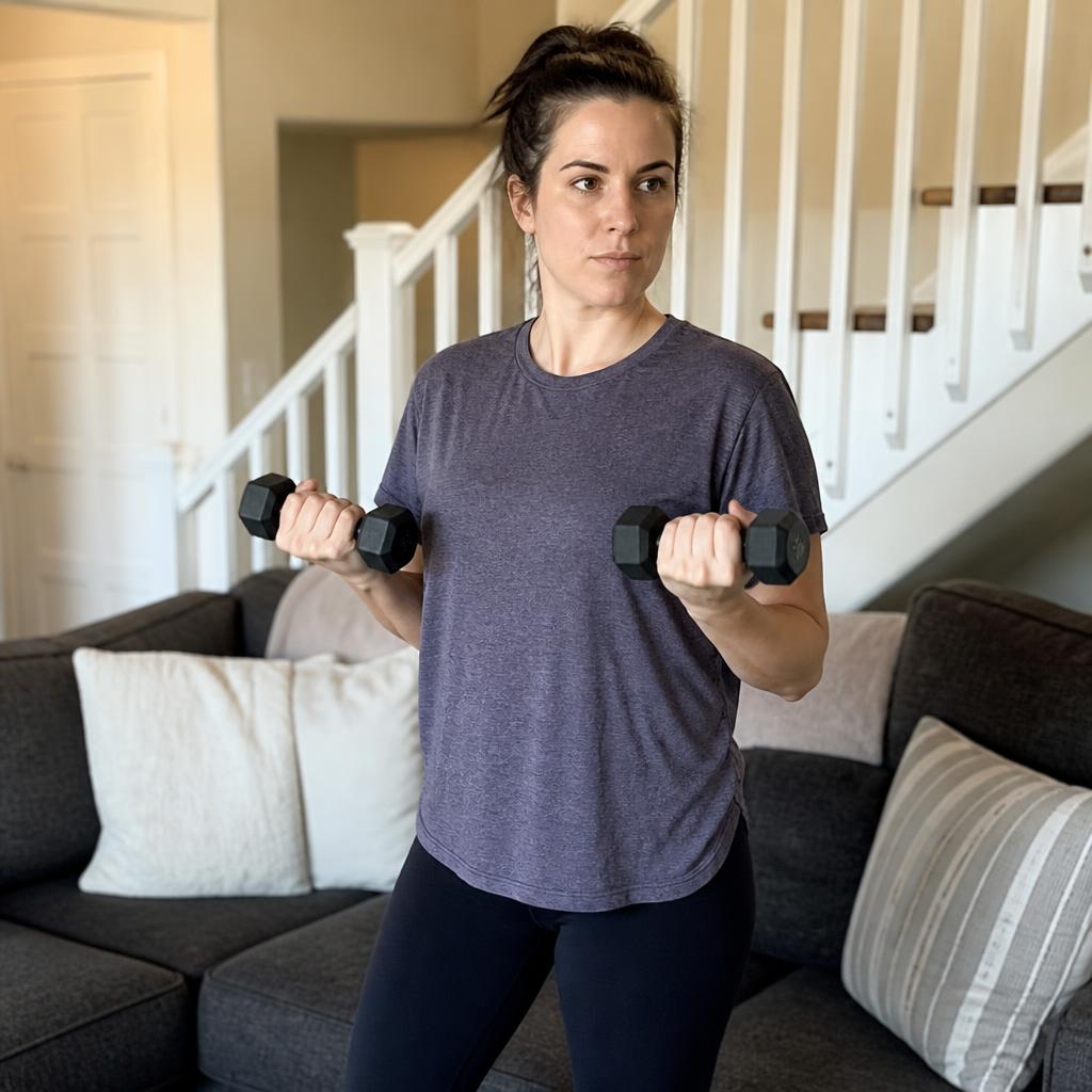 Mom lifting dumbbells during a home workout