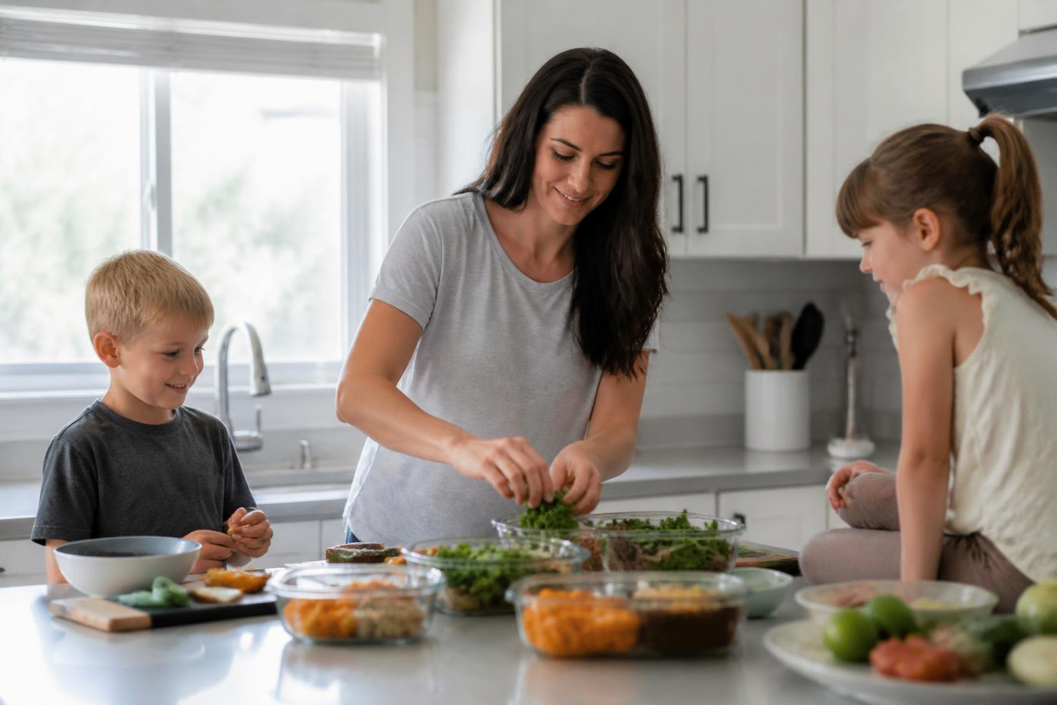 Mom prepping healthy meals in her kitchen while her kids watch