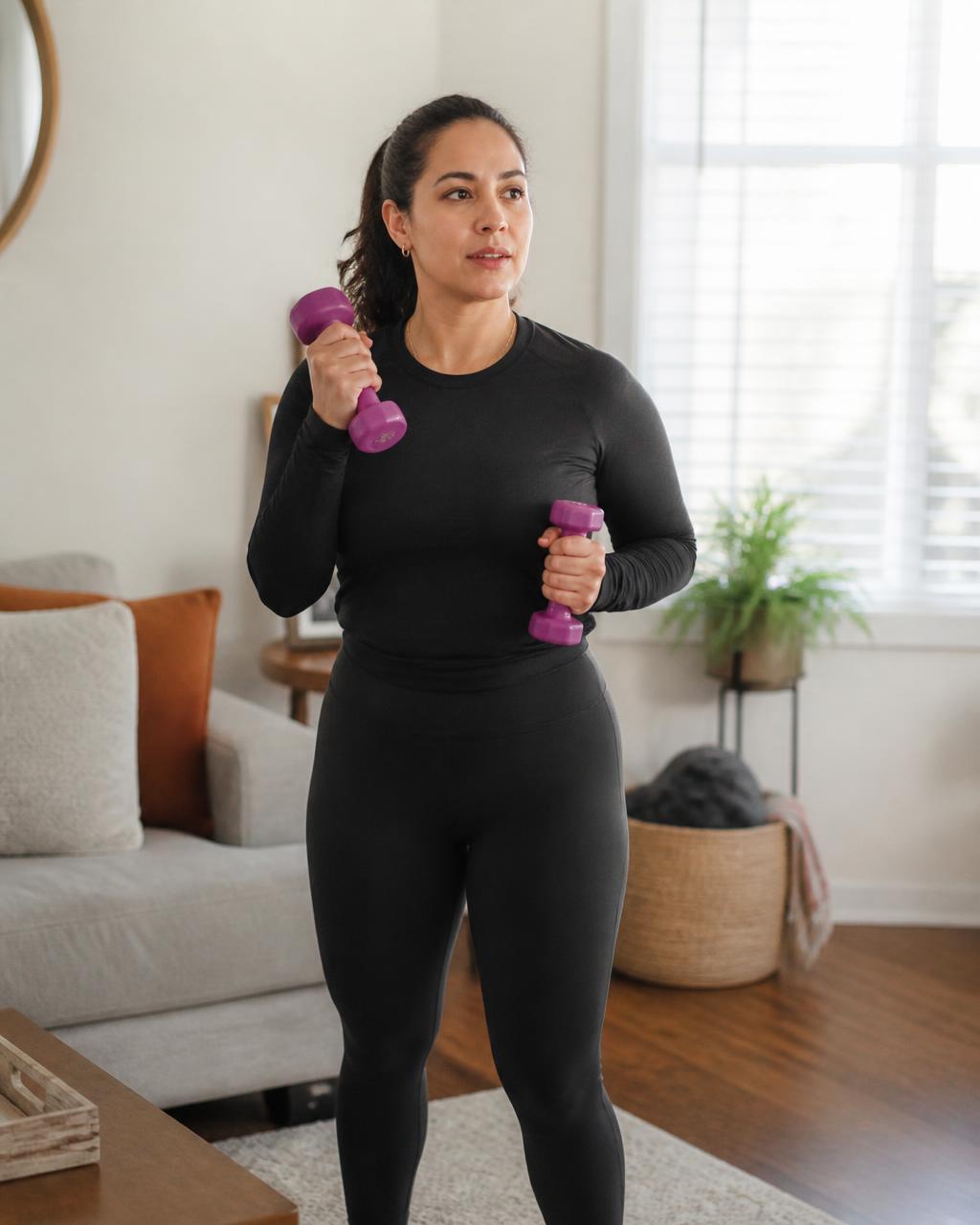 Woman lifting light dumbbells during an at-home workout