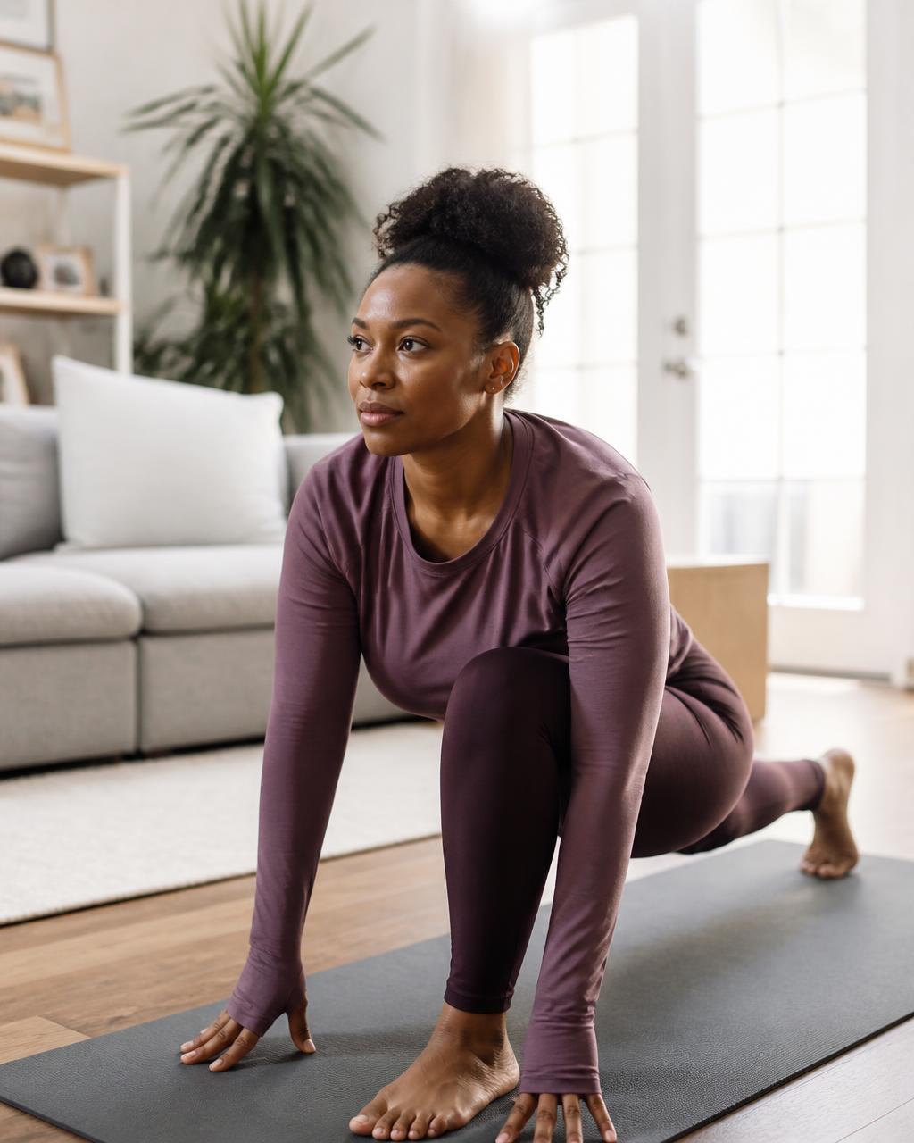 Woman stretching on a yoga mat at home