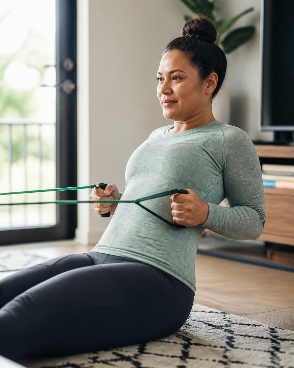 Woman using a resistance band during an at-home workout