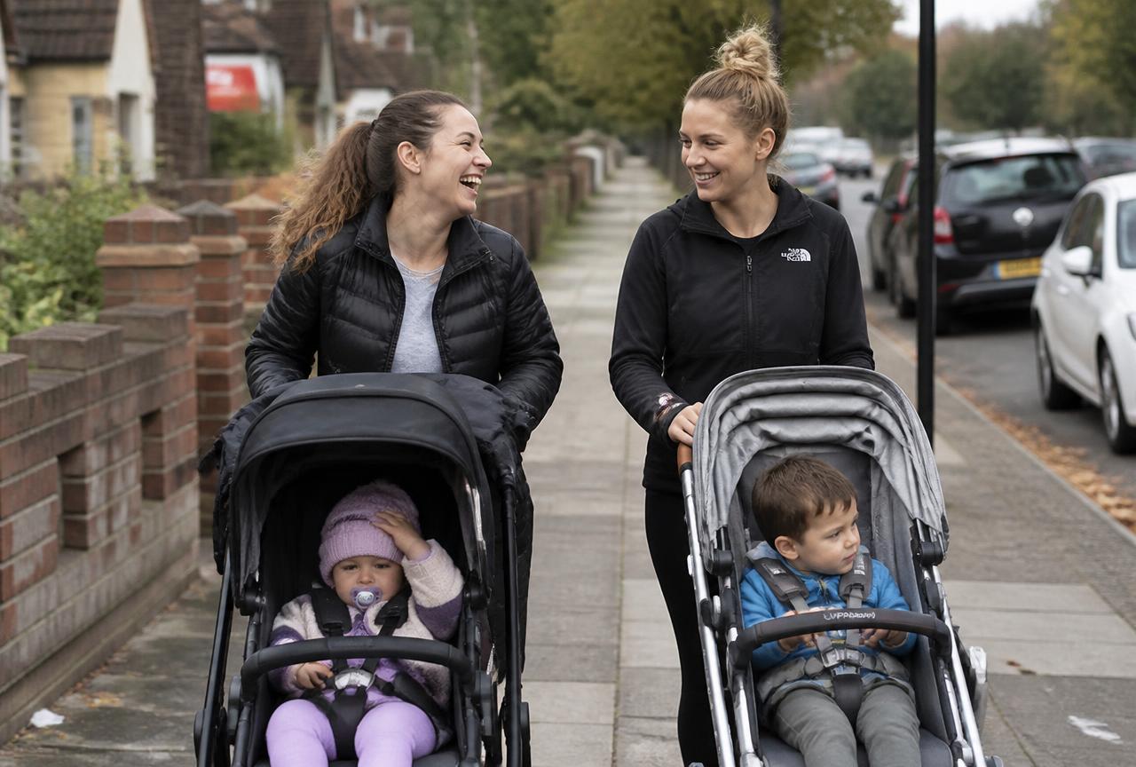 Two moms walking together with strollers on a neighborhood sidewalk